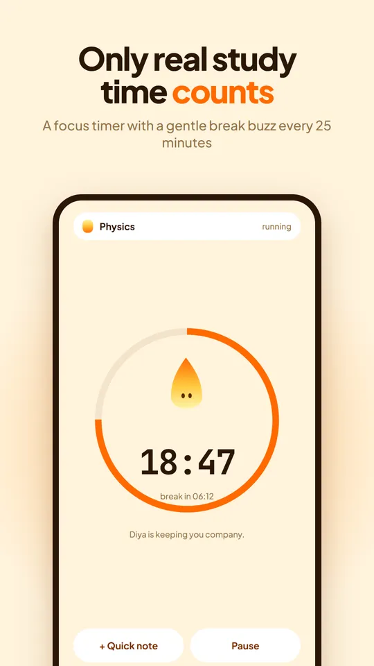 Focus timer at 18:47 with Diya the flame inside the progress ring. Only real study time counts.