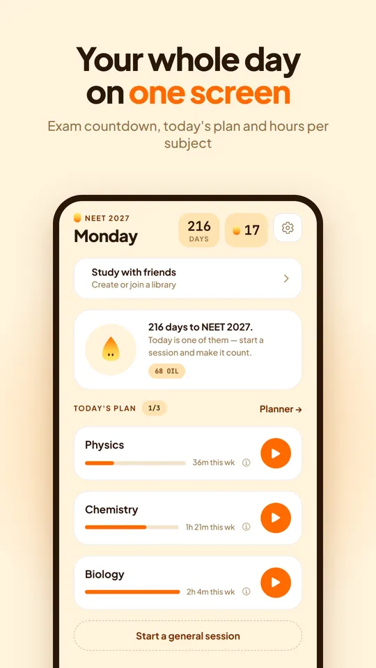 Home screen with the exam countdown, today’s plan and hours per subject this week.