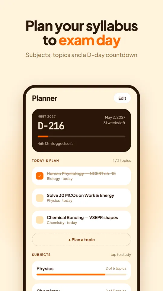 Planner with a D-216 exam countdown, today’s topics and subject progress.