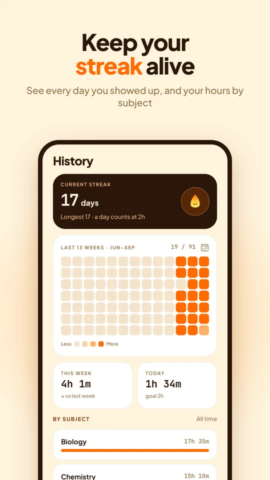 History screen with a 17-day streak, a 13-week heatmap and hours by subject.