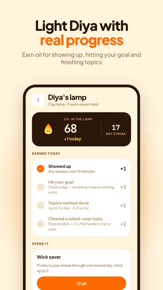 Diya’s lamp: oil earned today, a 17-day streak, and a wick saver to spend oil on.