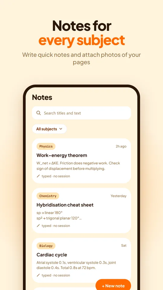 Notes list with notes tagged Physics, Chemistry and Biology, and a search bar.